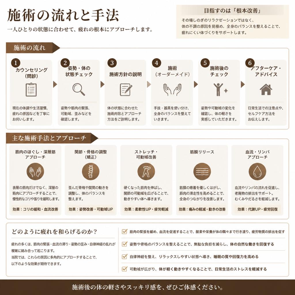 2. 疲労回復の秘訣：整体施術の流れ