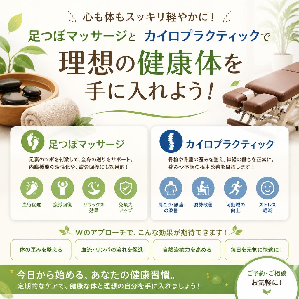 足つぼマッサージとカイロプラクティックで理想の健康体を手に入れよう！