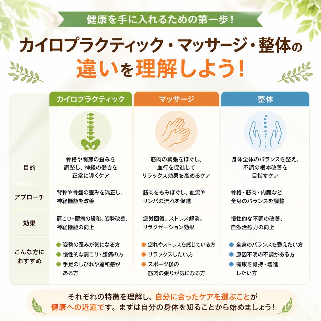 健康を手に入れるための第一歩！カイロプラクティック・マッサージ・整体の違いを理解しよう！