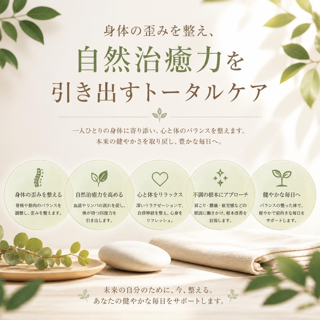 身体の歪みを整え、自然治癒力を引き出すトータルケア