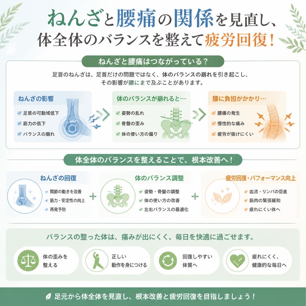 ねんざと腰痛の関係を見直し、体全体のバランスを整えて疲労回復！